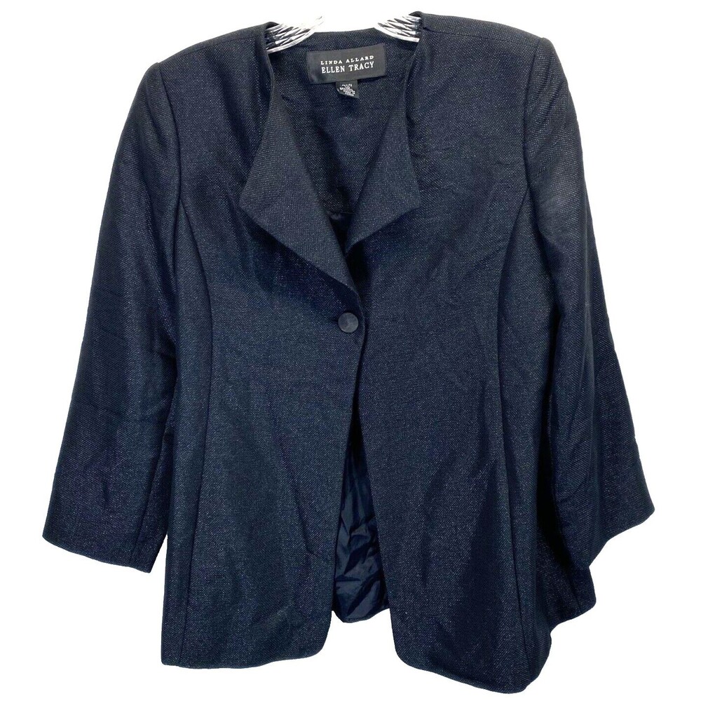 Linda Allard Ellen Tracy Woman's Petite 10 Wool Blend Blazer Collarless 1 Button